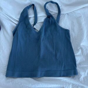 NIKI BIKI Ribbed Tank One Size V Neck Layering Women's Dusty Blue Crop Top